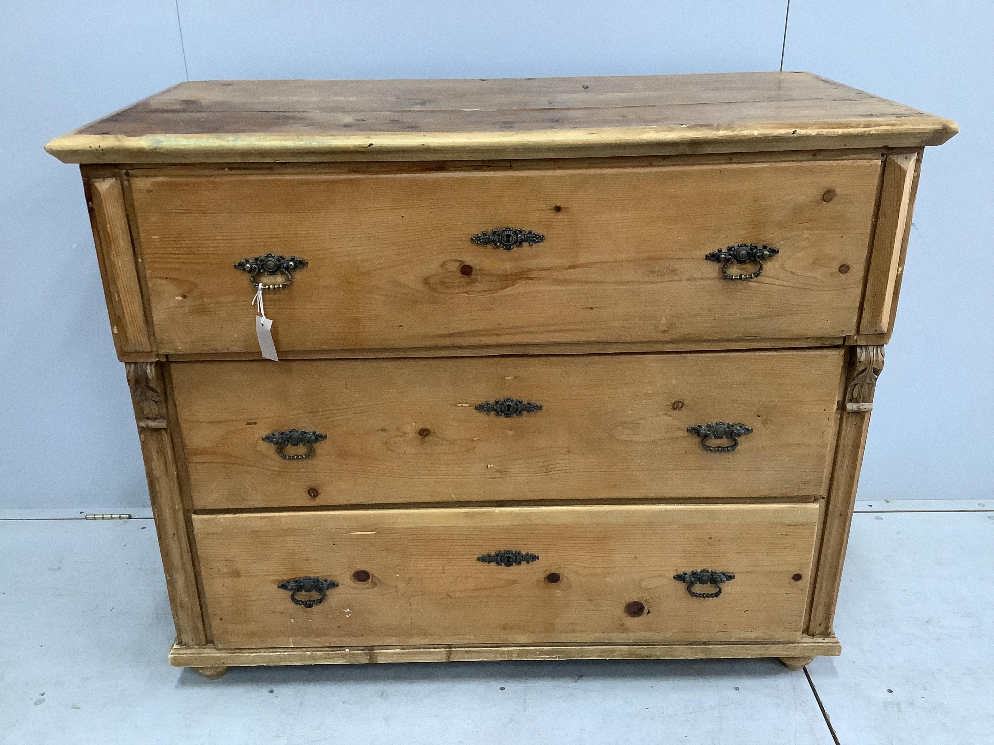 A 19th century Continental pine three drawer chest, width 126cm, depth 59cm, height 104cm. Condition - fair